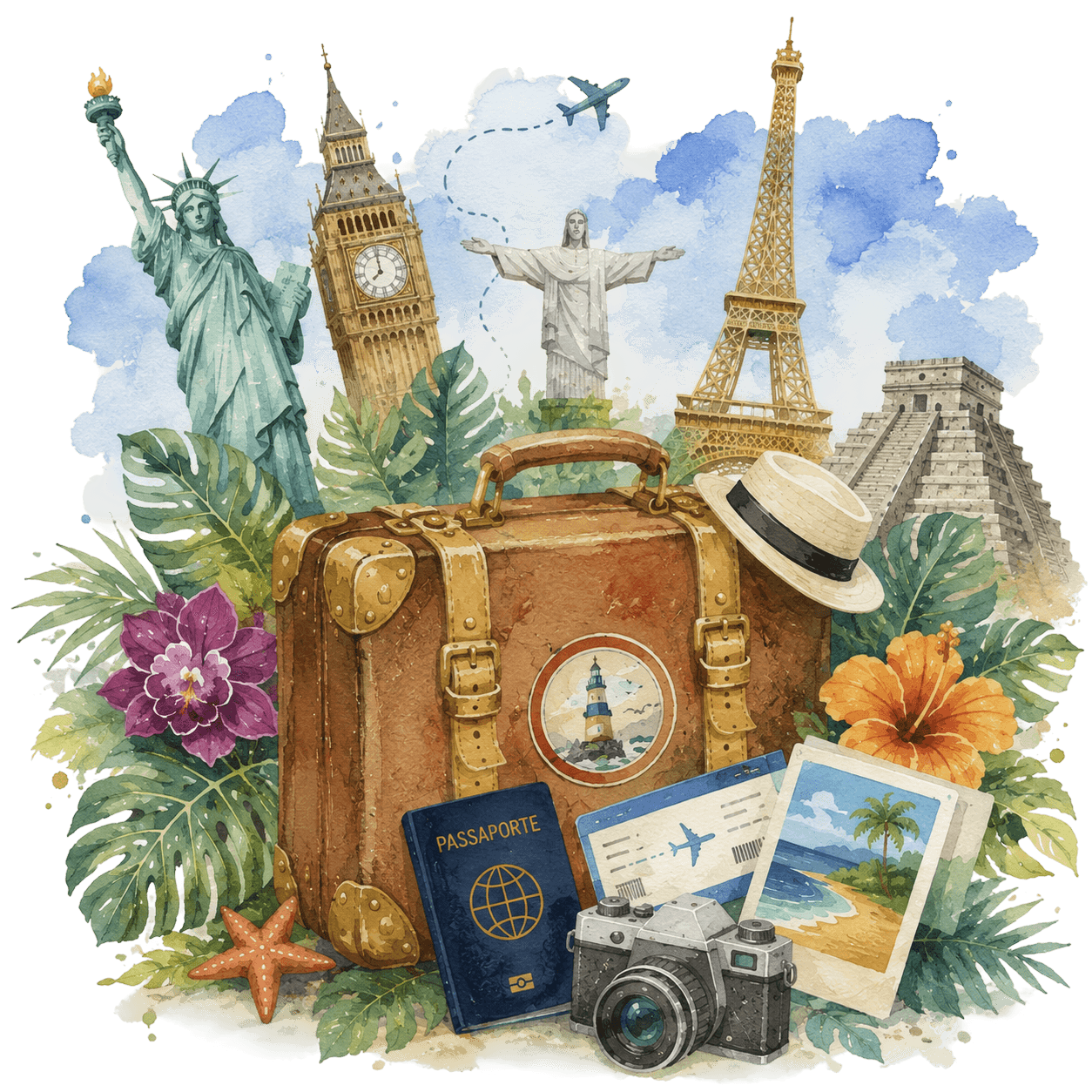 Ilustração em aquarela com mala, passaporte e pontos turísticos do mundo